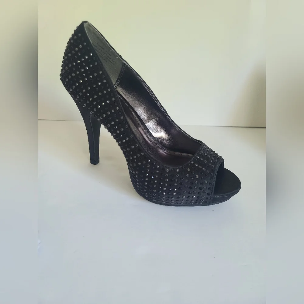Rampage Gimme Platform Pumps Heels Shoes Black Satin Rhinestones Size 7.5